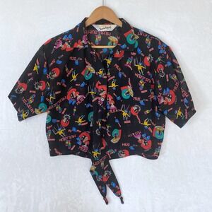 Diane Von Furstenberg 80s 90s Cropped Puppet Print Tie Front Collar Shirt Med